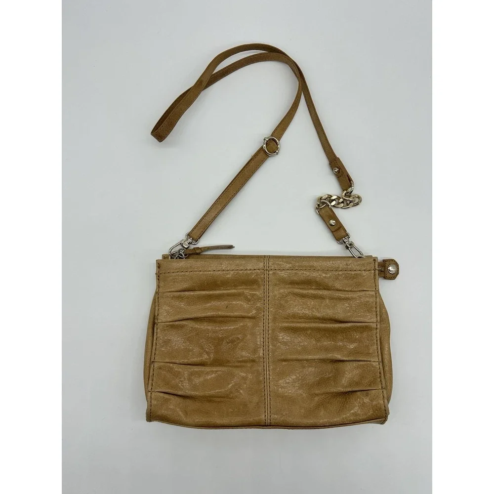 THE SAK Tan Glazed Leather Crossbody Bag Purse Pleated Zip Top‎ Removable Strap